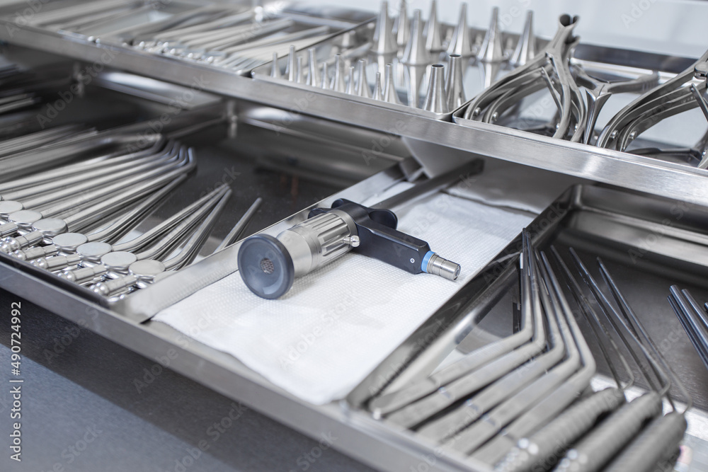 Fototapeta premium Instruments for cardiothoracic and vascular surgery in a steel tray
