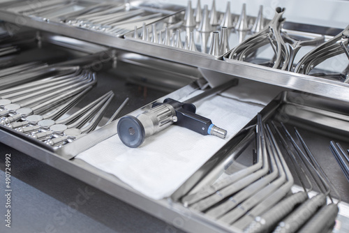 Instruments for cardiothoracic and vascular surgery in a steel tray photo