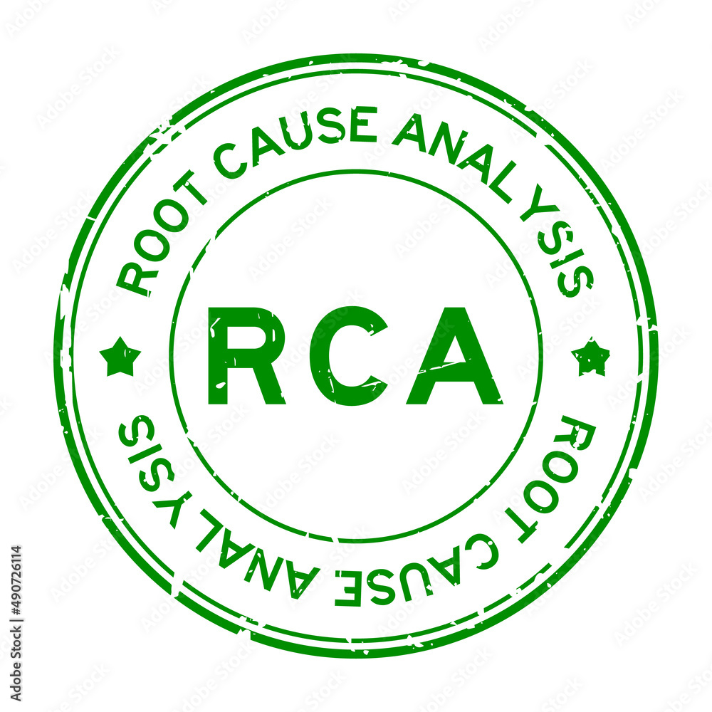 Grunge green RCA root cause analysis word round rubber seal stamp on white background