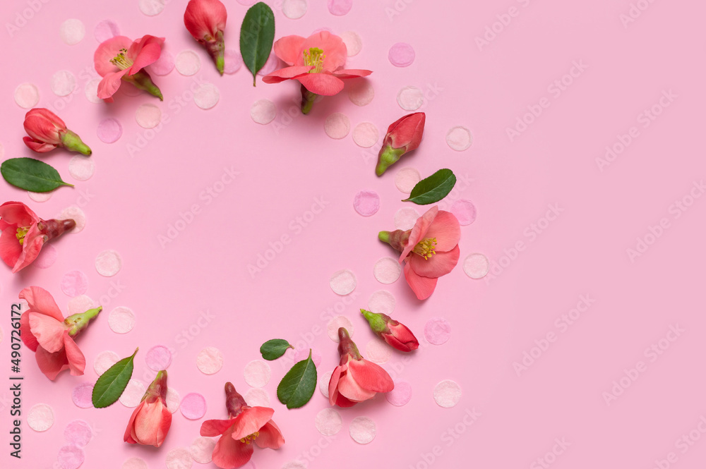 Spring background. Beautiful delicate fresh pink flowers and buds, paper confetti on pink background flat lay top view. Springtime nature concept. Bloom, inflorescence, flowering. Festive backdrop Spring background. Beautiful delicate fresh pink flowers and buds, paper confetti on pink background flat lay top view. Springtime nature concept. Bloom, inflorescence, flowering. Festive backdrop