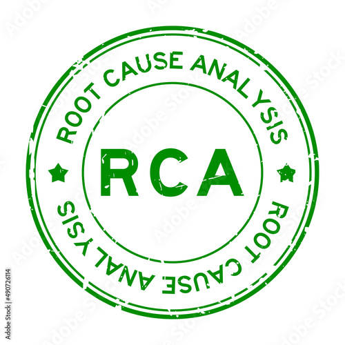 Grunge green RCA root cause analysis word round rubber seal stamp on white background