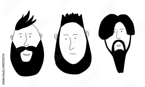 Set of men, hipsters with hairstyles and beards. Silhouettes, emblems, badges, labels. Vector illustration in doodle style.