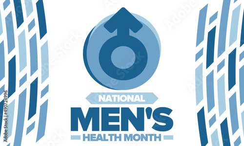 National Men's Health Month in June. Celebrated in United States. Educational program that teaches you how to work on your body. Healthy eating, exercise and disease prevention. Medical vector poster