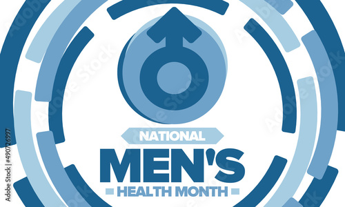 National Men's Health Month in June. Celebrated in United States. Educational program that teaches you how to work on your body. Healthy eating, exercise and disease prevention. Medical vector poster