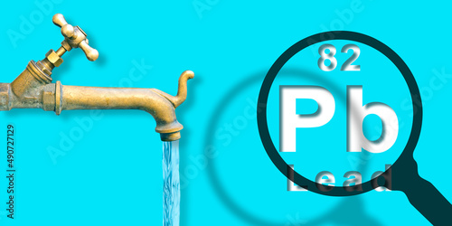 Fotografi Presence of lead in drinking water - concept with the Mendeleev periodic table,