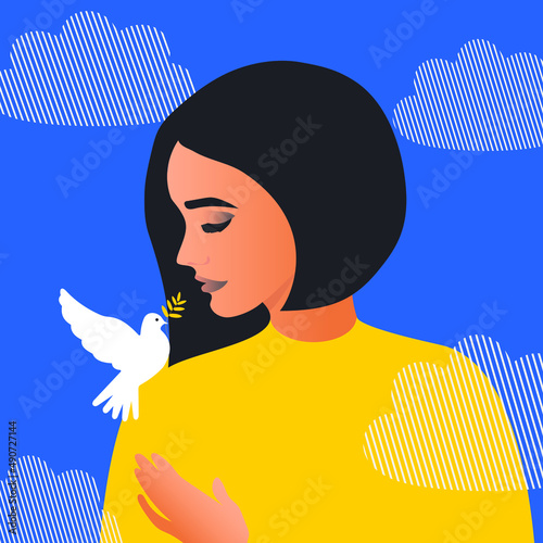 A strong young woman believes in the victory of Ukraine, a white dove of peace sits on her shoulder against a blue sky with clouds. Peace to Ukraine. Vector.