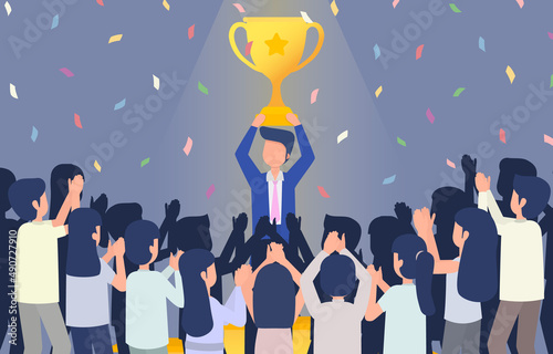 Success concept. Businessman standing on podium with raise the trophy with joy. Many people congratulate the winners. Achievements completed. Vector illustration Eps10.