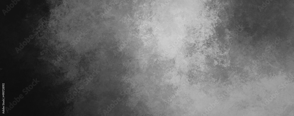 Grunge silver gray painted gradient background abstract black and white vintage dusty old concrete or plaster texture with grunge grain paint strokes pattern in dark color backdrop