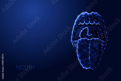 An open human mouth with a protruding tongue low poly concept vector illustration.