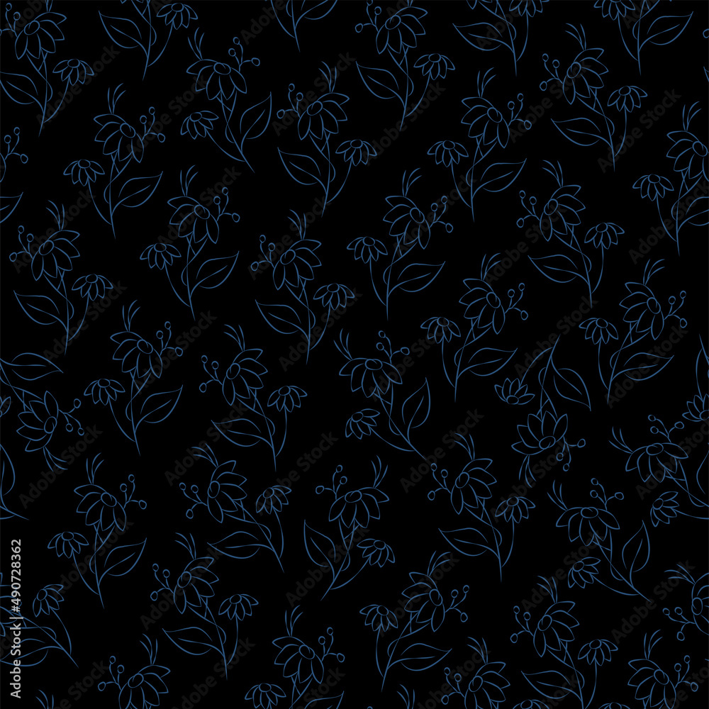 custom made wallpaper toronto digitalVector blue illustration. Floral seamless pattern. Bouquet of wild flowers. Hand drawn flower field. Simple flowers. Flowering heads of field chamomile. Outline drawing.