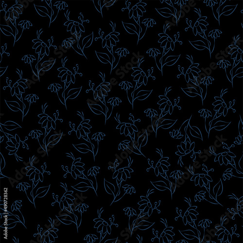 Wallpaper Mural Vector blue illustration. Floral seamless pattern. Bouquet of wild flowers. Hand drawn flower field. Simple flowers. Flowering heads of field chamomile. Outline drawing. Torontodigital.ca