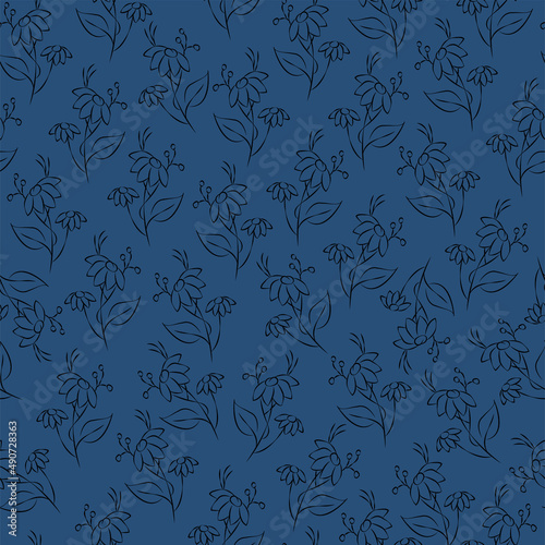 Vector blue illustration. Floral seamless pattern. Bouquet of wild flowers. Hand drawn flower field. Simple flowers. Flowering heads of field chamomile. Outline drawing.