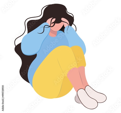 Ukraine is experiencing the horror of war. The depressed girl sits with her head bowed. The concept of the horror of war, despair and hopelessness, the experience of loss. No war. Vector isolated.