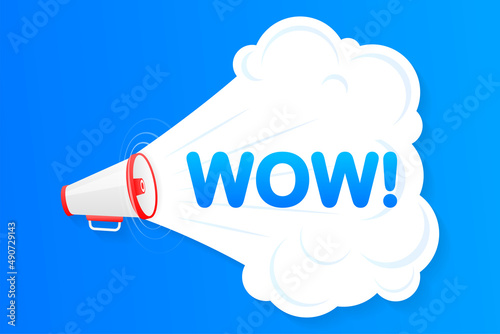 Megaphone blue banner with wow sign. Vector illustration