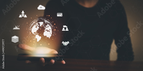 Business people use smart mobile phones business technology, global internet connection, digital marketing, finance and banking, digital link technology, big data.
