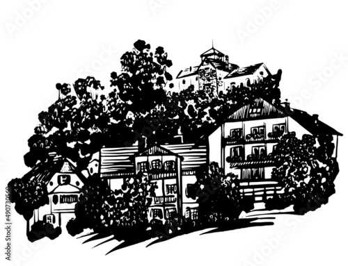 drawing picture group of buildings framed by trees and bushes, Gmunden, Austria, sketch, hand drawn digital vector illustration