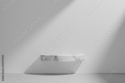 White marble 3d podium empty on white background abstract background. Copy space of product mock up presentation.