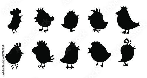 Fotografering Funny birds and chicks silhouettes collections, a set of black birdies icons