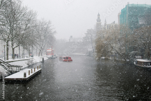 Amsterdam Canal in the middle of a snowstorm.