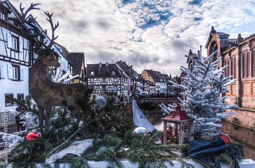 Some christmas decorations and tipical houses in colmar, Alsace, France.