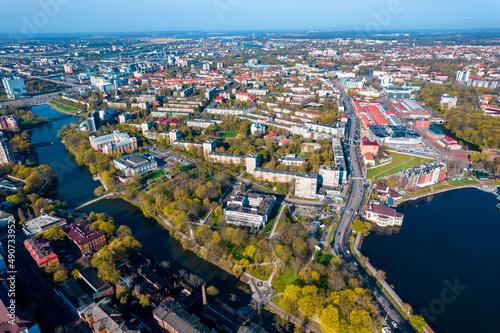 Aerial top view cityscape Kaliningrad Russia upper round lake