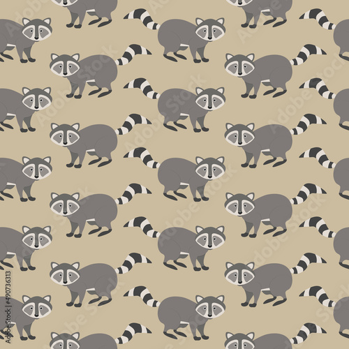 Raccoon seamless pattern. Vector illustration. Animal. Cartoon style character. Textile design, wallpaper design, wrapping paper design. Grey, light brown, beige color background.