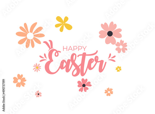 Cute Cartoon Happy Easter Spring Holiday Background with Flowers Illustration