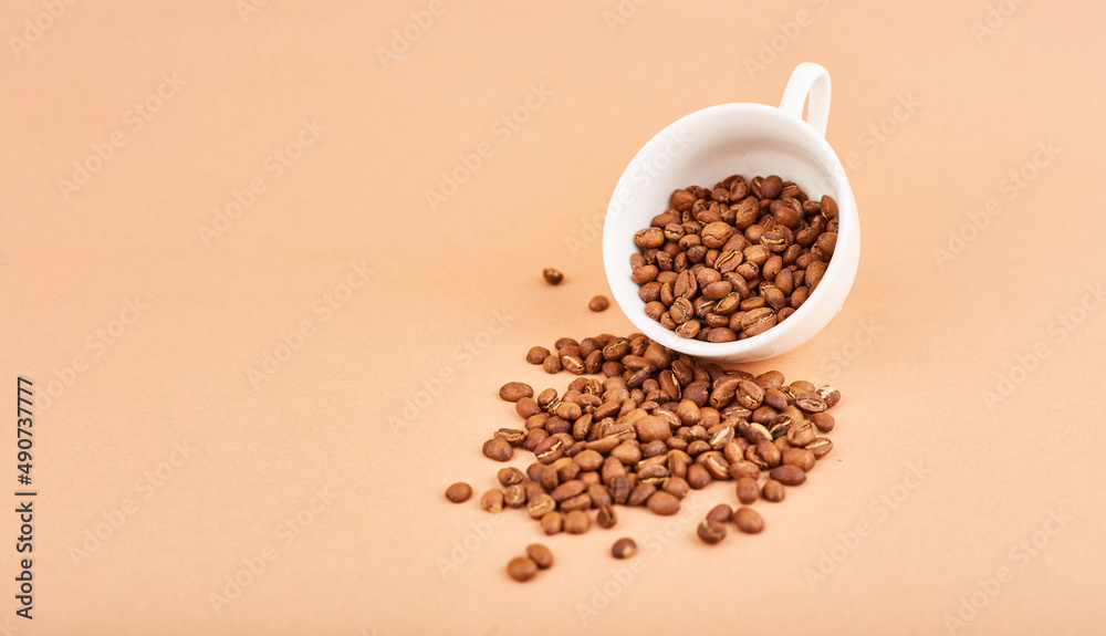 Coffee beans in coffee cup on pastel background. Space fot text Coffee beans in coffee cup on pastel background. Space fot text