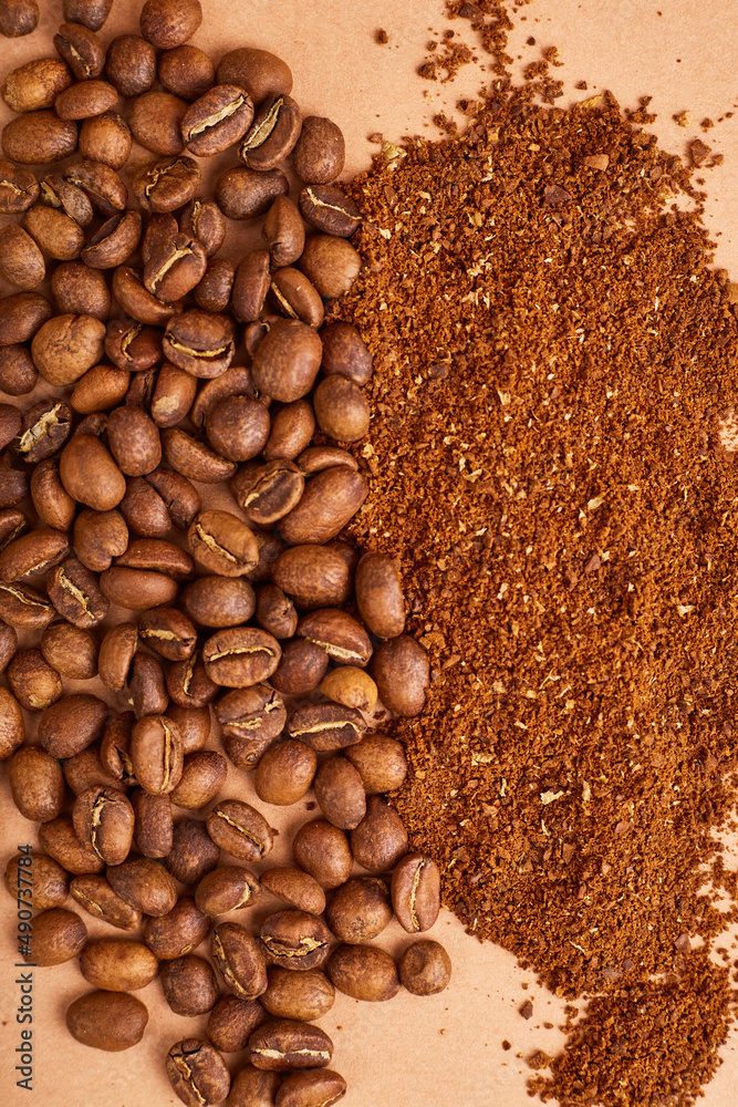 Naklejka premium Coffee Beans and Grounds. Copy space. Top view