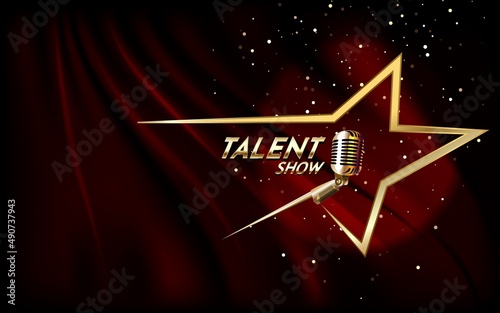 Quadro su tela Golden talent show text in the star over red curtain