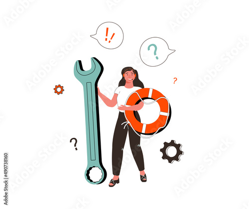 Landing page template with dispatcher or hotline operator wearing headset, holding wrench and lifebuoy.
