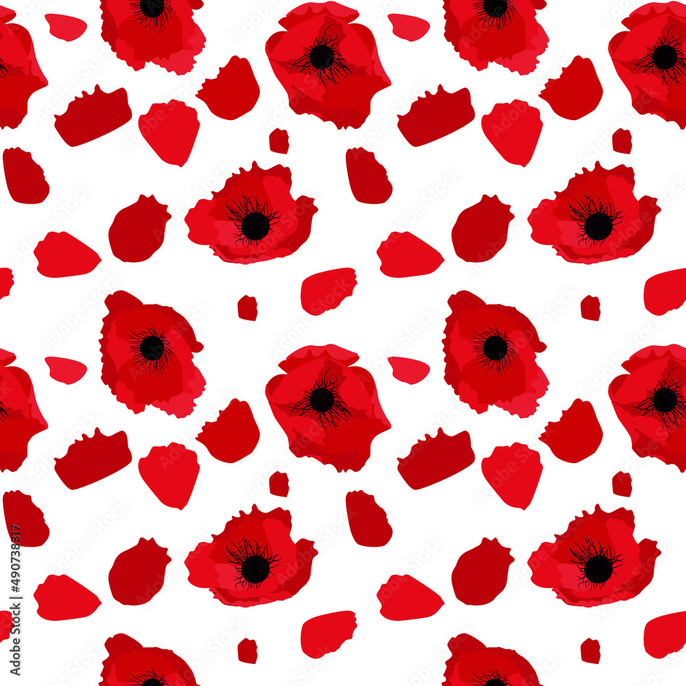 Simple red flower poppy with petals on white, seamless pattern. Illustration Simple red flower poppy with petals on white, seamless pattern. Illustration