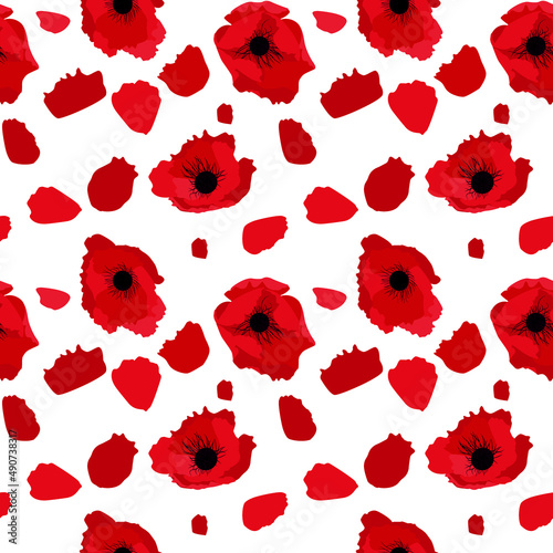 Simple red flower poppy with petals on white, seamless pattern. Illustration