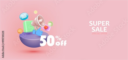 3D Sale gold design with megaphone. gift boxes and thumbs up hand.
