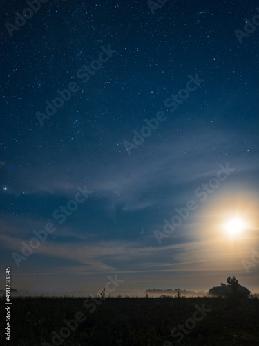 Obraz na płótnie A beautiful summer night starry sky and the moon illuminates a misty field and forest, a nighttime natural landscape w salonie