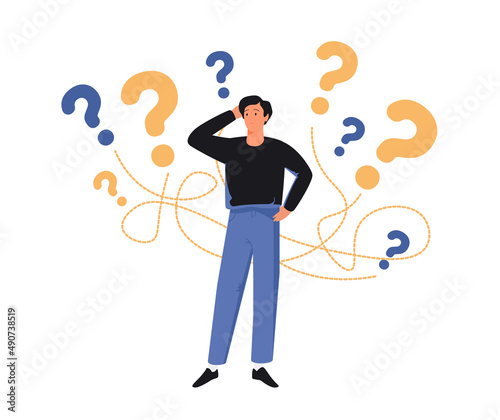 Emotion, face, expression, thought, trouble, question concept. Young pensive thoughtful man guy teenager.