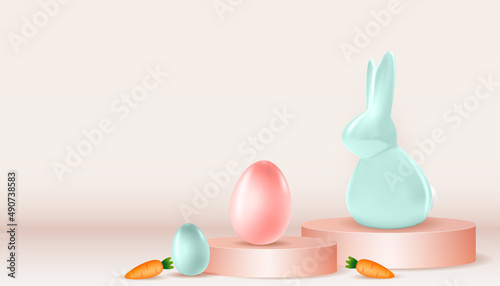 Easter poster template with 3d realistic Easter eggs, bunny and Carrot. Templ...