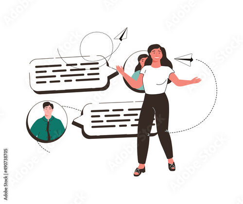 Woman surrounded by speech bubbles. Concept of verbal communication skills or abilities, business speaker.