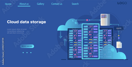 Working server cabinets banner. Data storage, data center, cloud storage concept. File management, cloud storage, data transfer protection digital service or application flat illustration vector.