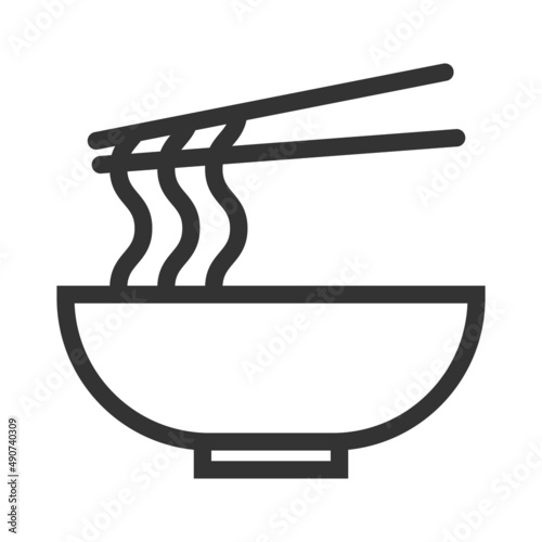 Asian food in plate with chopsticks noodles, spices. Simple food icon in tren...
