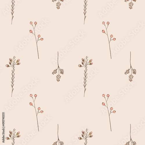 Flower seamless pattern with abstract floral branches with leaves  blossom flowers and berries. Design for banner  poster  postcard  invitation  wallpaper  fabric and scrapbook