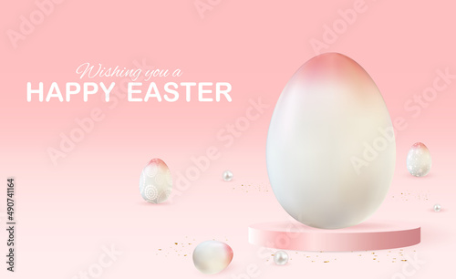 Easter poster template with 3d realistic Easter eggs. Template for advertisin...