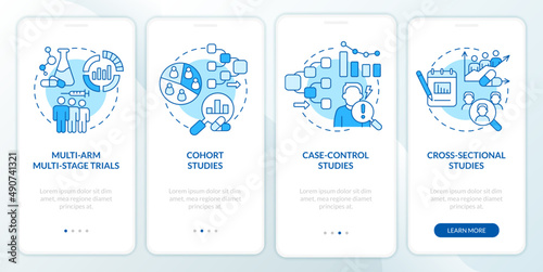 Clinical studies types blue onboarding mobile app screen. Healthcare walkthrough 4 steps graphic instructions pages with linear concepts. UI, UX, GUI template. Myriad Pro-Bold, Regular fonts used