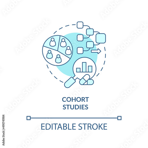 Cohort studies turquoise concept icon. Test of patient group. Clinical trials type abstract idea thin line illustration. Isolated outline drawing. Editable stroke. Arial, Myriad Pro-Bold fonts used