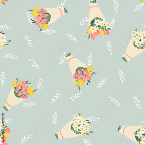 Bouquet set with spring flowers tulips and daffodils seamless pattern background. Illustration