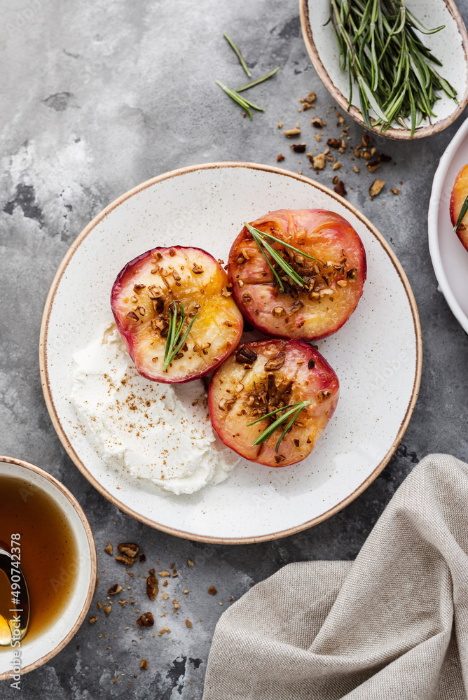 Honey roasted peaches with cream cheese. Sweet and juicy roasted peaches stuffed with a honey and cream cheese. Homemade bbq roasted peaches or nectarines
