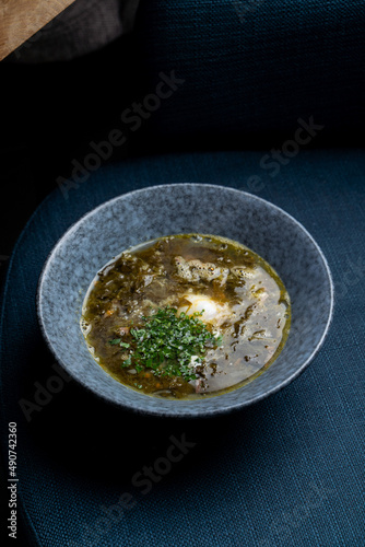 Country traditional sorrel soup with beef and egg, dark background, rustic clay bowl