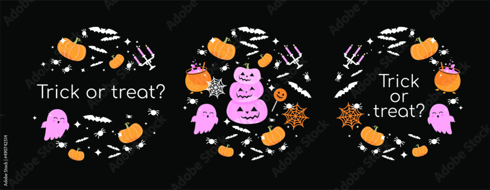 vector drawings in a circle with cool pink ghosts and halloween decorations with a place for a logo or an inscription vector drawings in a circle with cool pink ghosts and halloween decorations with a place for a logo or an inscription