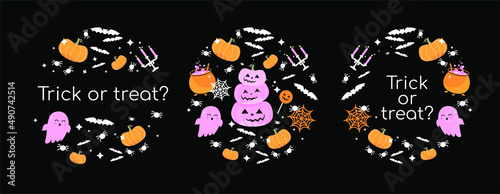 vector drawings in a circle with cool pink ghosts and halloween decorations with a place for a logo or an inscription