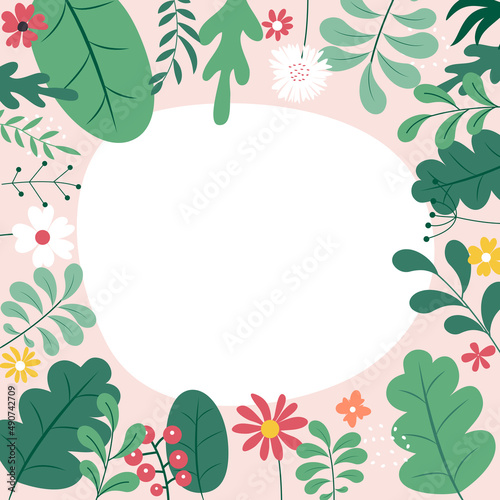 Abstract spring and summer flat simple natural background with flowers, plant and copy space for banner, greeting card, poster. Illustration